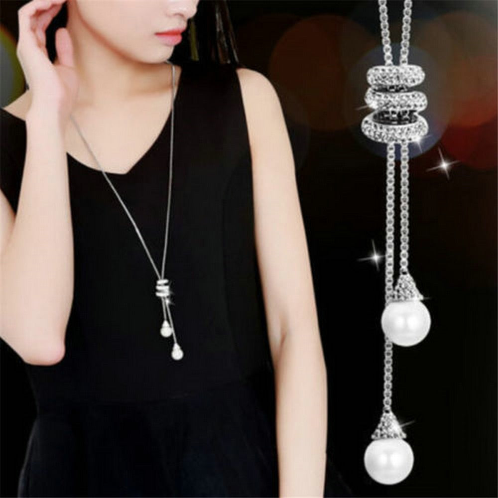 Crystal Pearl Long Chain Necklace