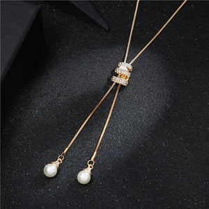 Crystal Pearl Long Chain Necklace