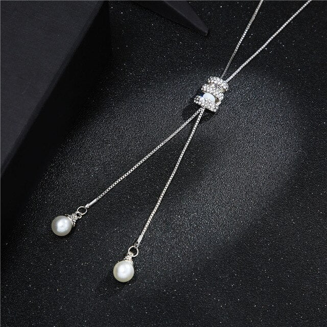 Crystal Pearl Long Chain Necklace