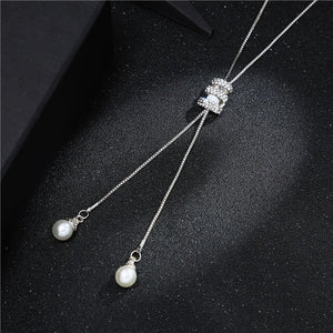 Crystal Pearl Long Chain Necklace